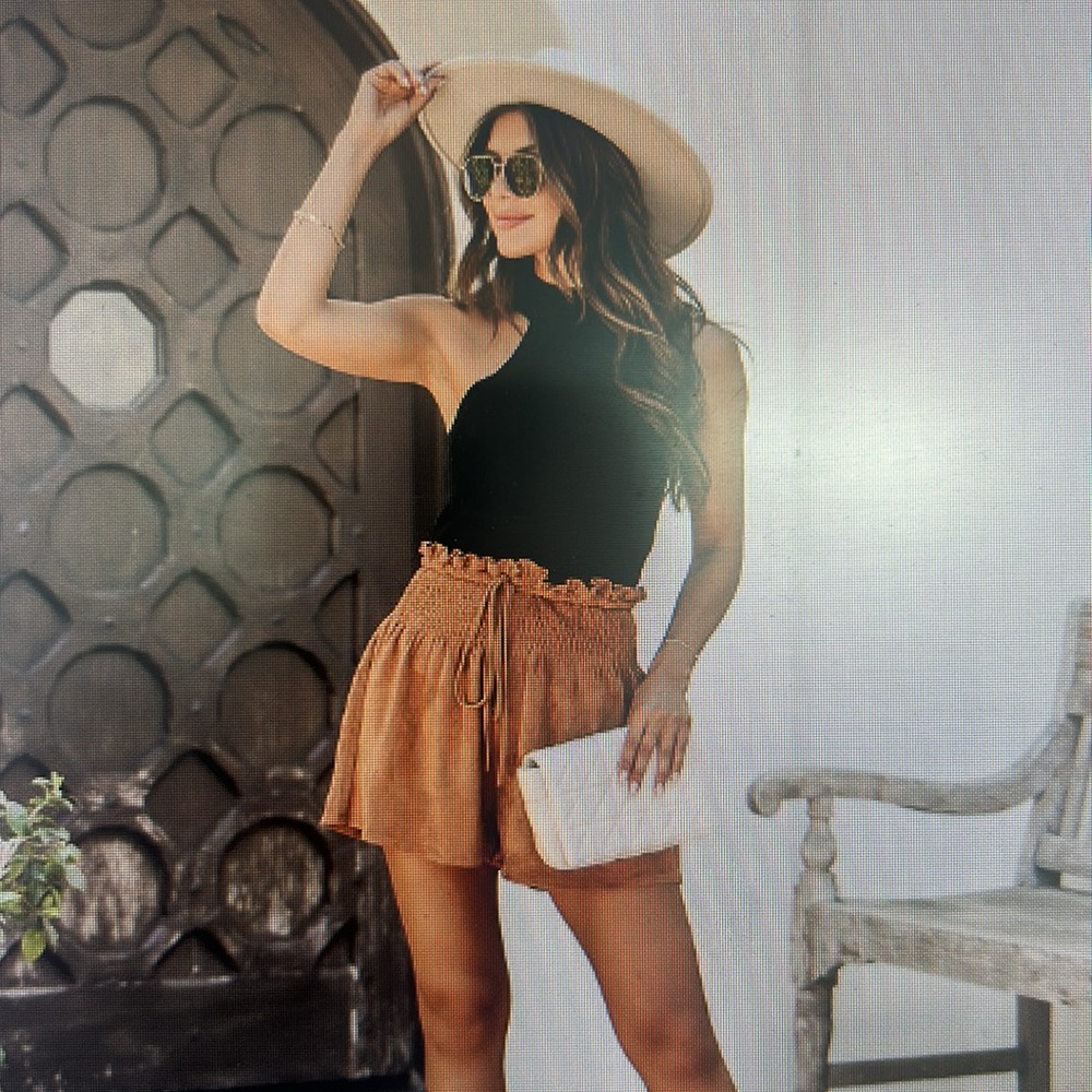 Pink Lily Brown Suede Smocked Waist Shorts-Size Small